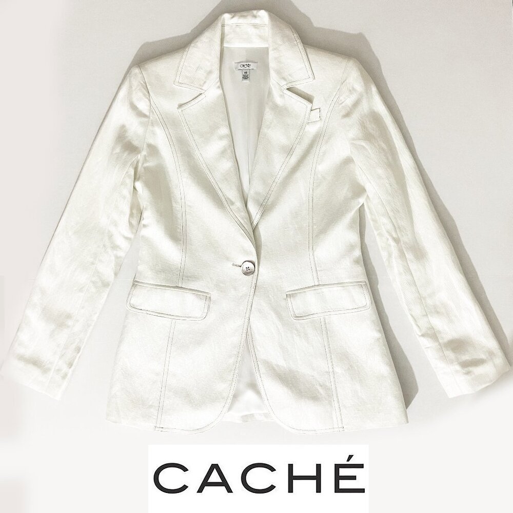 Cache White Tailored Blazer Jacket | Linen/Rayon | Single Button | Size XS